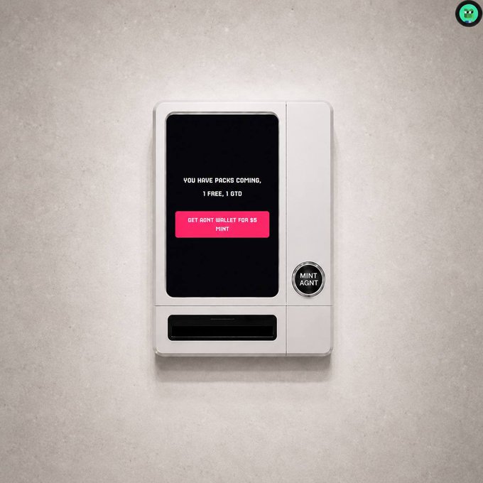 A sleek, white vending-style machine displays a black screen with the text "YOU HAVE PACKS COMING, 1 FREE, 1 GTD" and a pink button reading "GET RENT WALLET FOR $5 MINT," along with a "MINT AGNT" button. The machine ties into the post's promotion of the AGNT PFP mint, offering users a way to check their OG community or GTD whitelist status and prepare for the launch tomorrow.