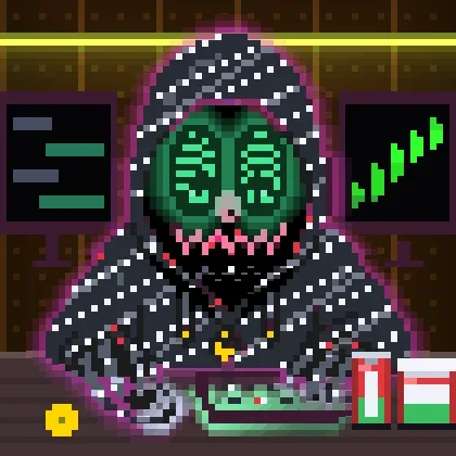 Pixel art depicting a hooded figure with a glowing green skull face sitting at a desk with computer monitors showing charts and stock graphs.