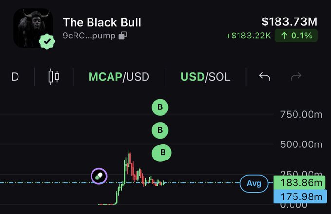 The image shows a cryptocurrency trading chart for "The Black Bull" token (9CRC...pump) with a market cap of $183.73M, up 0.1% ($183.22K), featuring an annotation of a "beachball underwater" — referencing the small current price (around $183M) being depicted as a tiny green dot submerged below much higher bull market price targets marked at $750M, $500M, and $250M. The $ANSEM reference likely refers to the popular crypto trader known for bullish price targets, with the chart humorously illustrating how the current price is just a small "beachball" floating far below the envisioned targets.