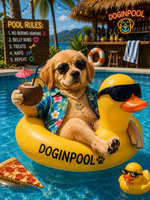 A dog wearing sunglasses and a floral shirt floats in a pool on a large yellow duck inner tube labeled "DOGINPOOL," holding a coconut drink, with a "POOL RULES" sign listing "1. NO BORING HUMANS, 2. BELLY RUBS, 3. TREATS, 4. NAPS, 5. REPEAT" in the background.