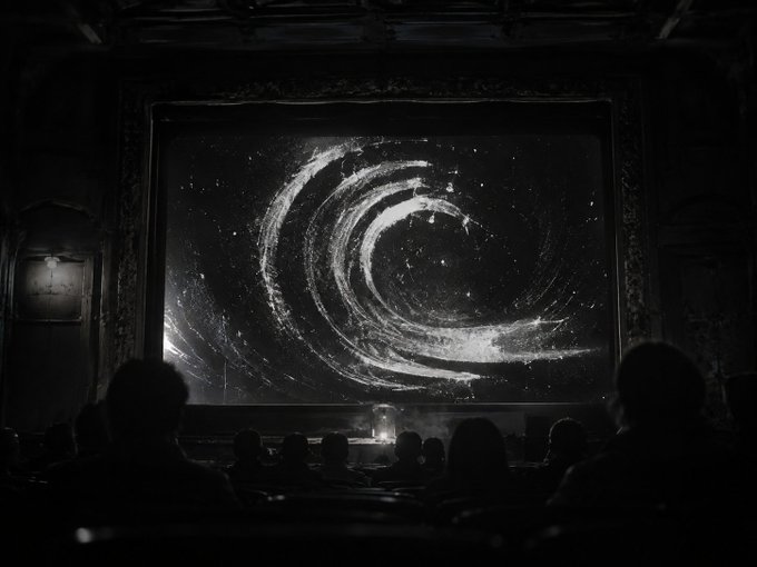 A black-and-white image of an audience watching a large ornate theater screen displaying a swirling, starry cosmic or galaxy-like animation.