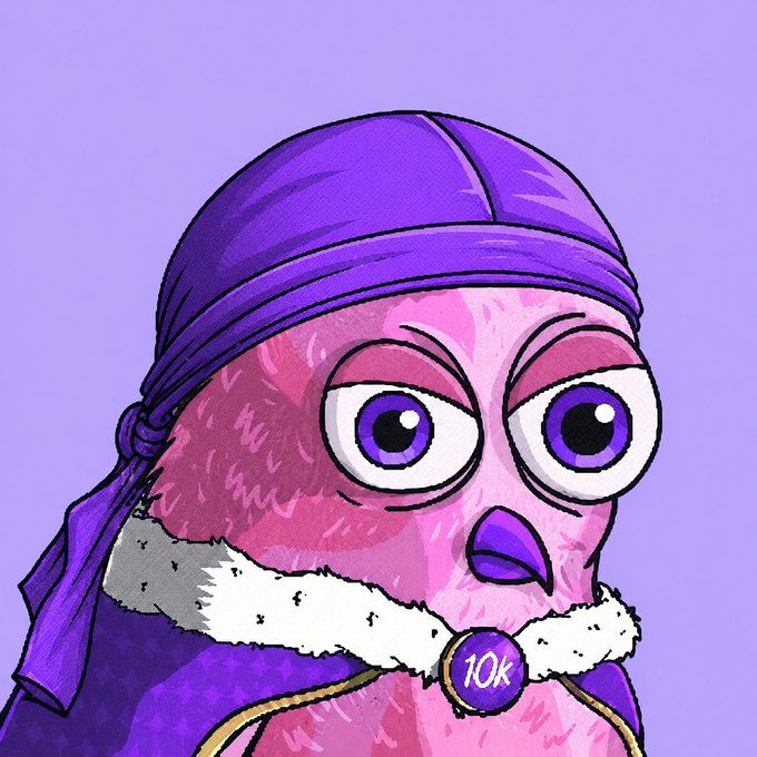 The image features a cartoon owl wearing a purple bandana with a white skull design around its neck. The owl appears to be wearing a cape or a robe, adding to its unique appearance. The background of the image is a solid purple color that contrasts with the owl's attire and makes it stand out. In the bottom right corner of the image, there is text that reads "A lot of people know 10k Squad, but not everyone knows the work behind it @puresoul0109 has been pushing for onboarding and keeping people active in the monad ecosystem long before it became trendy". This text provides context to the image and highlights the creator's background.