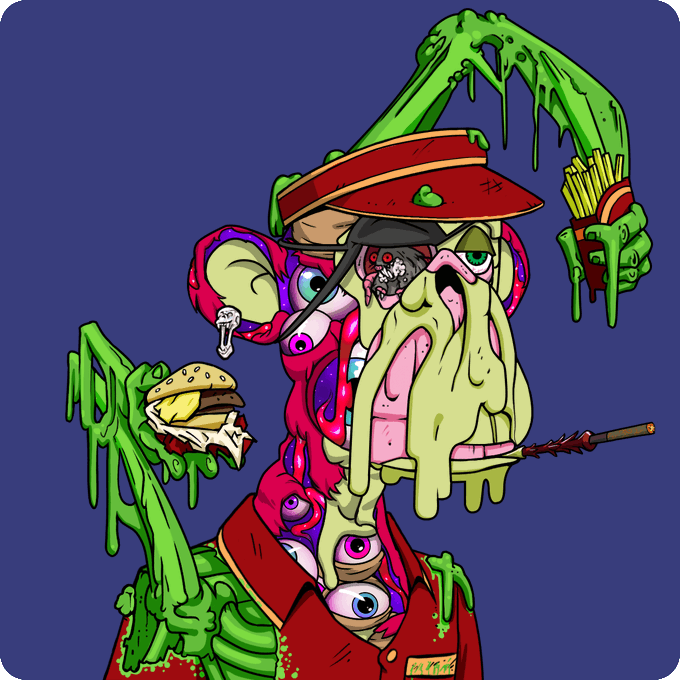 A grotesque, surreal cartoon illustration of a fast-food worker character with dripping green slime, multiple eyes, and tentacle-like limbs holding a burger and fries.