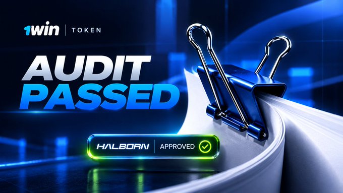 Promotional banner for '1win | TOKEN' announcing 'AUDIT PASSED' by HALBORN with an 'APPROVED' checkmark badge next to a large blue binder clip.
