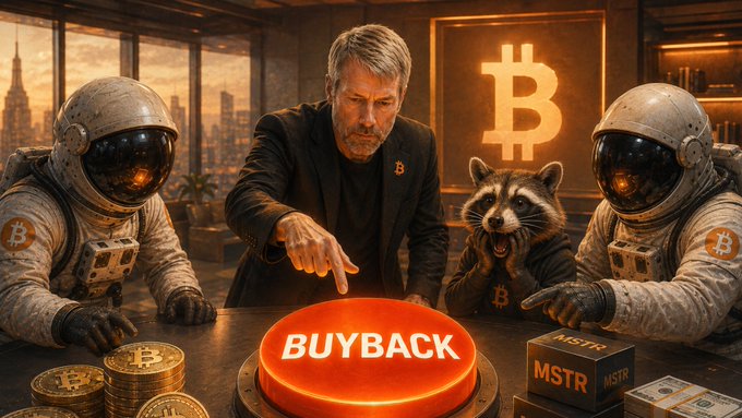 The image features a suited man pressing a glowing "BUYBACK" button at a futuristic desk, flanked by astronauts in Bitcoin-branded suits and a snarling raccoon, with the Bitcoin "₿" logo, stacks of coins, and "MSTR" boxes visible—symbolizing a high-stakes financial decision. It visually represents the "buyback" theme of True North Episode 77, with the Bitcoin icon and $MSTR boxes tying directly into the episode's discussion of MSTR buybacks and US Treasury strategy.