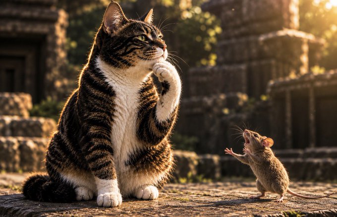 A large tabby cat sits majestically among ancient ruins, calmly grooming itself while ignoring a tiny mouse that stands before him on its hind legs, seemingly trying to protest—perfectly capturing the post's message of dismissing smaller adversaries ("the opinions of a mouse") to focus on a grander endeavor ("the Asian bid").