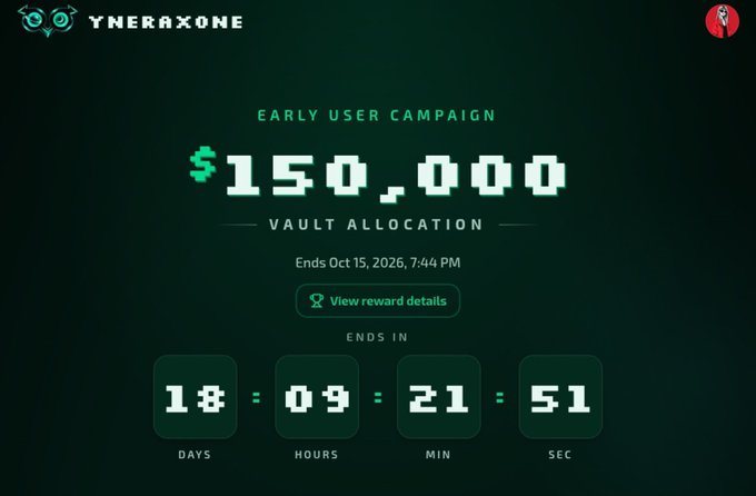 A Tneraxone promotional page showing an 'Early User Campaign' with a $150,000 vault allocation ending October 15, 2026, with a countdown timer displaying days, hours, minutes, and seconds.
