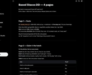A digital document titled 'Based Staccs DD - 4 pages' detailing 'Page 1 — Facts' about the stock ticker DD, including dates, milestones, and analyst projections, with a 'Page 2 — Claim 1: the hatch' table below.