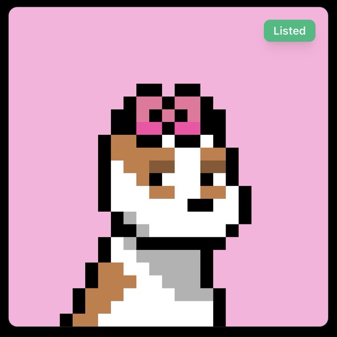 A pixel art image of a white and brown dog with a pink bow on its head against a pink background, with a green 'Listed' badge in the top right corner.