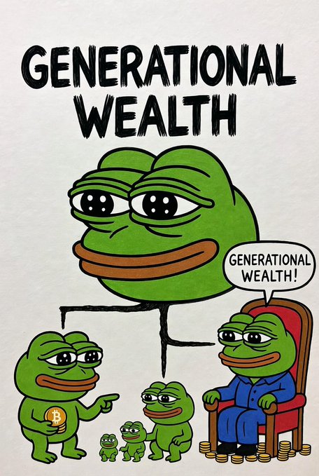 A Pepe the Frog themed meme illustration titled 'GENERATIONAL WEALTH' showing a family tree with one frog holding a coin and another speaking through a speech bubble saying 'GENERATIONAL WEALTH!' next to stacks of gold coins.