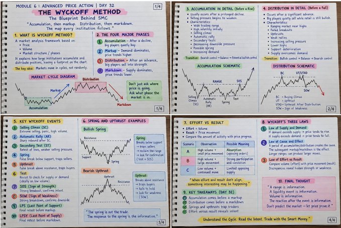 Detailed study notes titled 'THE WYCKOFF METHOD' from Module 6, showing diagrams explaining accumulation, distribution, market cycles, spring/upthrust examples, and Wyckoff's three laws.