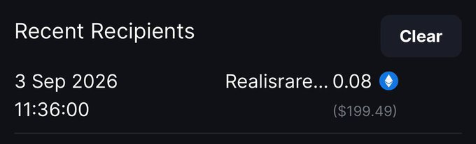 A "Recent Recipients" notification shows a transaction dated 3 Sep 2026 at 11:36:00 from "Realisrare..." for 0.08 ETH ($199.49), confirming the receipt of the $200 payment mentioned in the post.