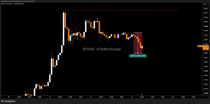A TradingView candlestick chart for BTCUSD shows Bitcoin's price action with a marked short position showing a -2.63% loss, posted by @TheBlocktoApp.