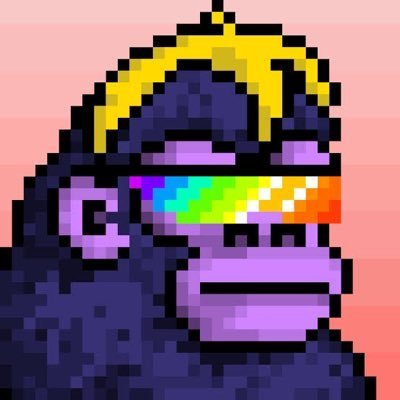 A pixel art illustration of a purple gorilla wearing a yellow banana crown and sporting a rainbow-colored "Nyan" style visor trail across its eyes, set against a pink sunset background. The whimsical, meme-inspired image pairs with the post's question about "figs" (likely figures or figurines) related to a memecoin, suggesting playful crypto culture references tied to the rainbow Nyan Cat imagery.