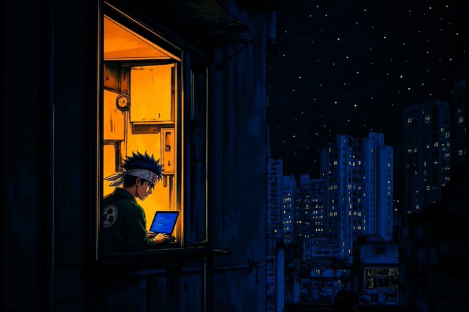 The image features a man sitting at his computer desk with a laptop open in front of him while he looks out a window overlooking a city skyline at night. The scene suggests that the man might be working or studying, possibly using the computer for research or communication purposes. The nighttime setting and the presence of buildings in the background indicate an urban environment. The image also contains text that reads "Good Night Web3 Fam. Before you sleep, here' s a reminder. @quipnetwork is building a future where Quantum Computing and Blockchain work together to unlock new possibilities." This message seems to be related to the man's activities on his computer or the broader context of the post about Quantum Computing and Blockchain networks.