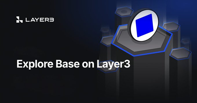 The image features a poster with a blue hexagon at its center, which has the text "Explore Base on Layer 3" written around it. Below this, there are several black hexagons arranged in a row, each containing a different description of what @layer3 can help users discover. The poster is set against a dark background and features a small white circle with a blue square at its center.