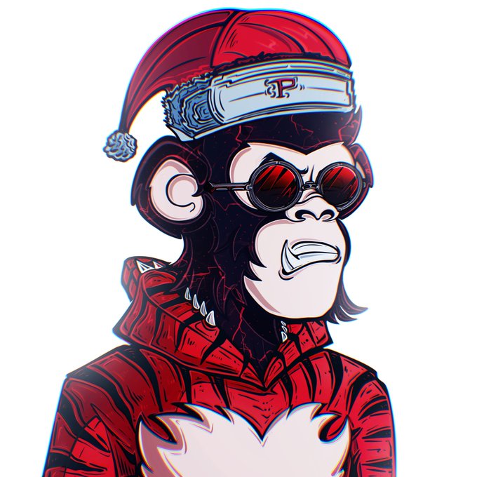 A stylized digital illustration of a monkey wearing a red Santa hat with a white "P" band, red-tinted round sunglasses, and a spiked red jacket, resembling a character like Popeye.