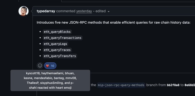 A GitHub comment from user "typedarray" listing new JSON-RPC methods including eth_queryBlocks, eth_queryTransactions, eth_queryLogs, eth_queryTraces, and eth_queryTransfers, with a heart emoji reaction from several users.