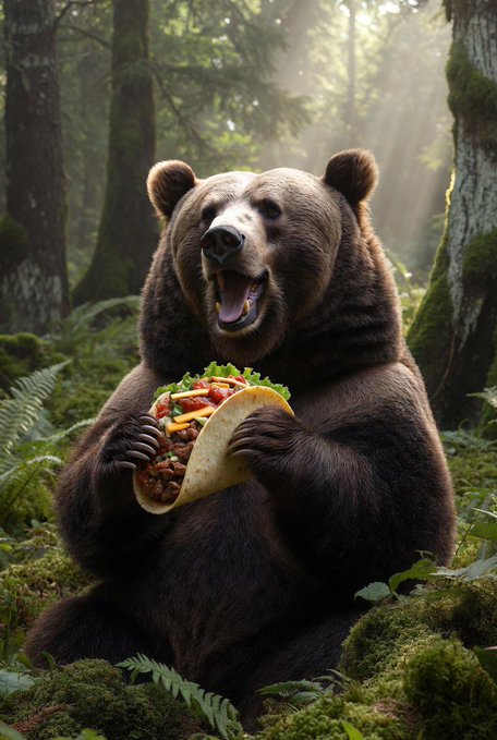 A brown bear sits in a mossy forest holding a large taco filled with lettuce, tomatoes, and meat, with its mouth open in apparent enjoyment.