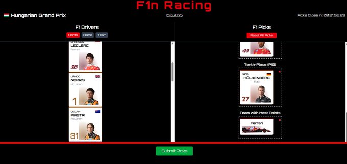 The image shows an "F1n Racing" prediction interface for the Hungarian Grand Prix, where users can select drivers—featuring Leclerc (#46), Norris (#1), and Piastri (#81)—alongside picks for "Tenth-Place P10" (Hulkenberg, #27) and "Team with Most Points" (Ferrari). The countdown timer and "Submit Picks" button reinforce the post's call to action, tying the visual directly to its invitation for fans to make final pre-summer-break predictions and compete for USDC and $BSTR rewards.