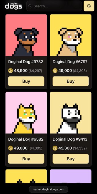 A mobile screen showing the 'Doginal Dogs' NFT marketplace interface with pixel-art dog collectibles available to buy, including Dog #9732 (Rottweiler), #6797 (Shiba Inu), #6582 (Cat?), and #9413 (Border Collie) for around 49,000 DOG each.