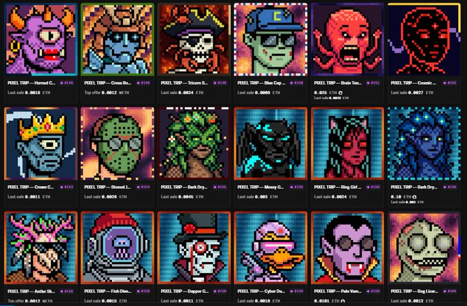 A grid of pixel art NFT collectibles from the 'PIXEL TSIP' collection, featuring various character designs with listed ETH sale prices.
