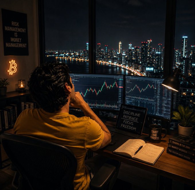 A man in a yellow shirt sits at a desk with dual monitors displaying stock/crypto trading charts, overlooking a nighttime cityscape. Visible text includes a sign reading 'RISK MANAGEMENT IS MONEY MANAGEMENT,' a Bitcoin logo, and a notebook showing 'DISCIPLINE - PATIENCE - FOCUS - FREEDOM.'