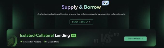 A dark-themed interface screenshot for a "Supply & Borrow V2" protocol, describing it as "A safer isolated-collateral lending protocol" with options to "Connect Wallet" and "Switch to SBM V1".