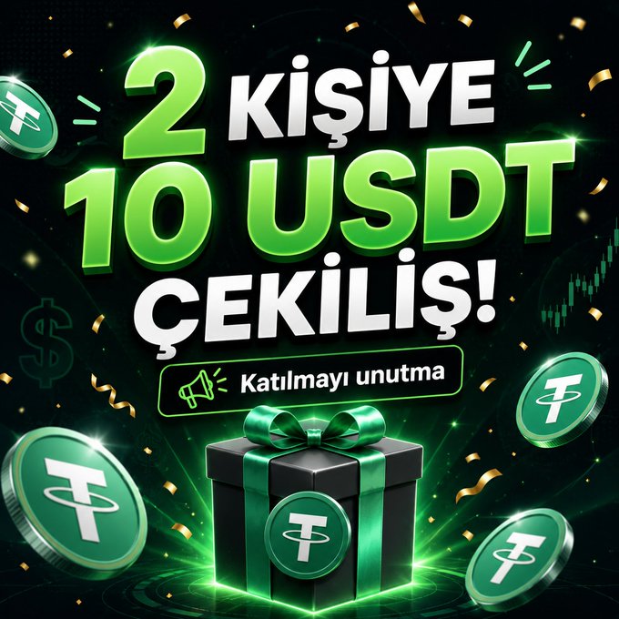 A promotional giveaway graphic in Turkish featuring large green text reading "2 KİŞİYE 10 USDT ÇEKİLİŞ!" (10 USDT giveaway to 2 people!) above a black gift box with a green ribbon, surrounded by Tether (USDT) coins, gold confetti, and a call-to-action banner saying "Katılmayı unutma" (Don't forget to participate). The festive, crypto-themed visual reinforces the post's announcement of a 10 USDT giveaway for two winners who like, retweet, and join the linked Telegram channel.