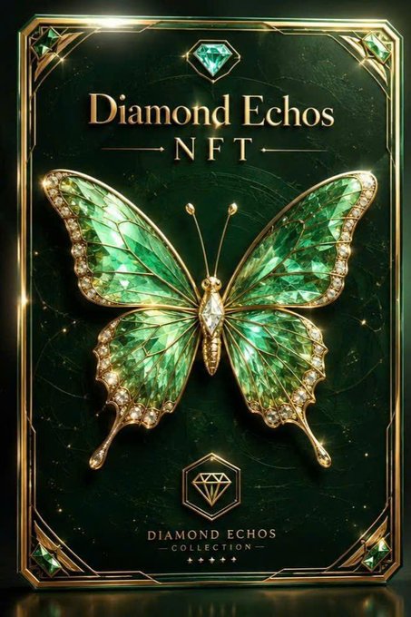 A digital NFT poster titled 'Diamond Echos NFT' featuring an ornate green gemstone butterfly with gold accents on a dark green background.
