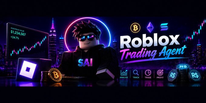 A neon-themed promotional banner for 'Roblox Trading Agent' featuring a Roblox character wearing sunglasses, with a portfolio value of $1,234,567 (+24.7%) and icons for Bitcoin, Ethereum, and Solana.