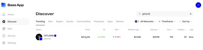 Base App Discover page showing a search for 'gitlawb' with the GITLAWB token displaying price $0.0₂1₆, 1h change +0.14%, 24h change +6.90%, market cap $21M, volume $29.9K, 193 holders, 87 traders, and age 4mo.