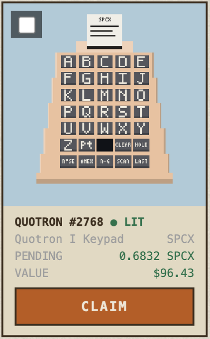 A digital game interface showing a 'QUOTRON I Keypad' NFT (QUOTRON #2768, LIT) on the SPCX network, with a pending value of 0.6832 SPCX ($96.43) and a CLAIM button.