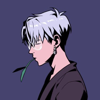 A minimalist anime profile illustration of a character with short silver-white hair, round glasses, and a black earring, holding a green leaf in their mouth against a solid purple background.