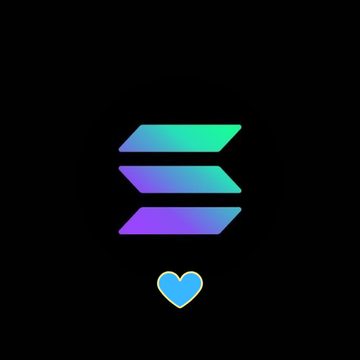 The Solana logo, a stacked, tilted parallelogram design in a teal-to-purple gradient, above a small blue heart on a black background.