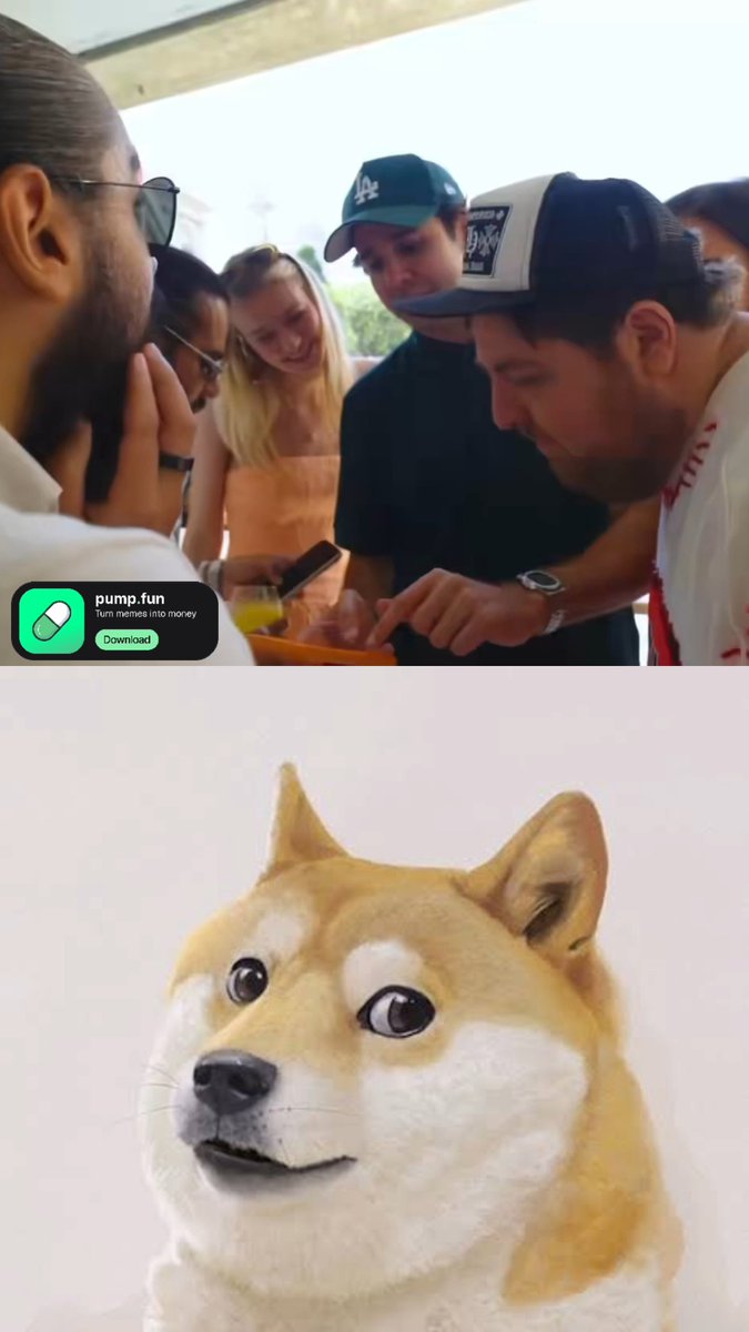 The top half shows a group of people gathered around a phone at an event with a 'pump.fun' download overlay, while the bottom half features a realistic figurine of a Shiba Inu dog.
