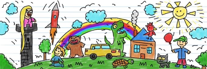 A colorful doodle-style illustration on notebook paper featuring a blonde princess on a castle, a rocket, a rainbow, a dinosaur, a yellow truck, a house, a sun, children, a cat, and a turtle.