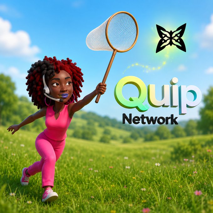 A vibrant 3D-rendered character with red-tipped curly hair, wearing pink athletic wear and headphones, joyfully swings a butterfly net in a sunny green meadow to catch a glowing butterfly. Beside her, the "Quip Network" logo features a stylized butterfly icon and bold green-to-white gradient text, symbolizing the playful, nature-inspired branding tied to the post's celebration of the Quip testnet experience.
