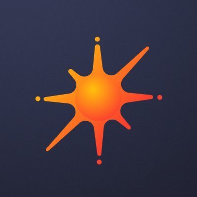 A stylized orange and yellow sun or starburst logo with radiating spikes on a dark blue background.