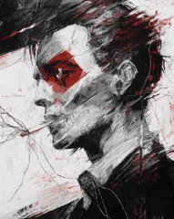 Artistic profile illustration of a man in grayscale with red accents around the eye and mouth, drawn with sketchy, splattered brushstrokes.