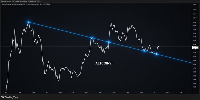TradingView chart titled 'Overall created with TradingView.com' showing the OTHERS market cap (excluding top 10) with a white line chart overlaid with a blue trendline connecting peaks, labeled 'ALTCOINS'.
