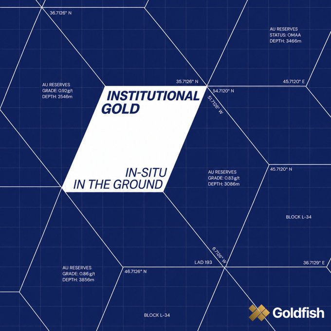 The image features a blue map with white text that says "Institutional Gold" at the top, and "In-situ" below it. The map also includes various data points such as "Al reserves", "Grade", "Depth", and "Reserve". The text in the image is related to the post about maximizing one's allocation for Season 2 of the airdrop leaderboard on the Goldfish website, which suggests that the focus should be on optimizing gold allocation across multiple opportunities.
