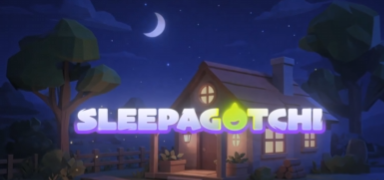 A pixel art game title screen reading 'SLEEPAGOCHI' set against a nighttime village background with a crescent moon.