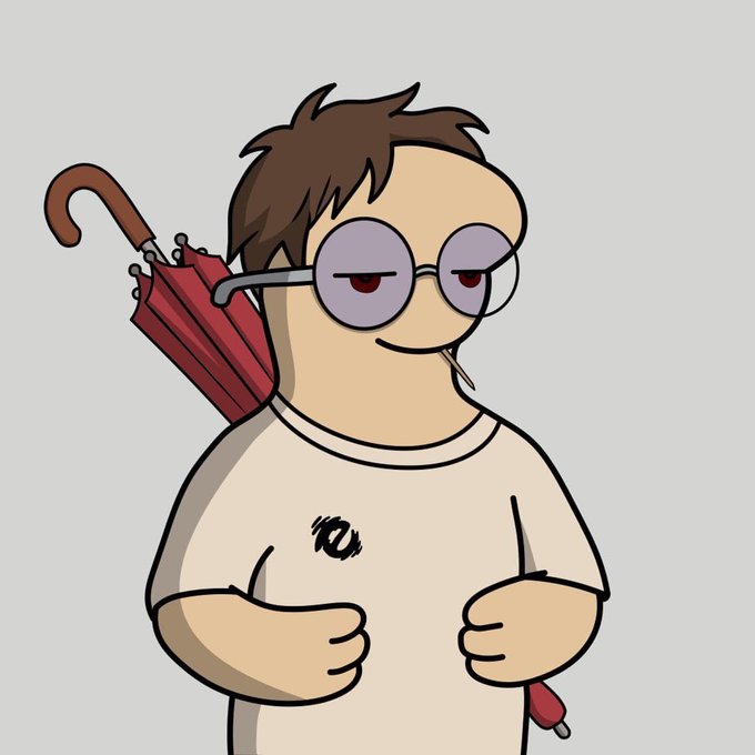 A cartoon drawing of a brown-haired man wearing round glasses, a beige shirt, and carrying a closed red umbrella while smoking.