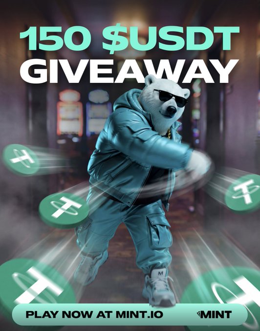 A promotional graphic advertising a '150 $USDT GIVEAWAY' featuring a cartoon bear in sunglasses and teal clothing dancing with Tether coins, with 'PLAY NOW AT MINT.IO' at the bottom.