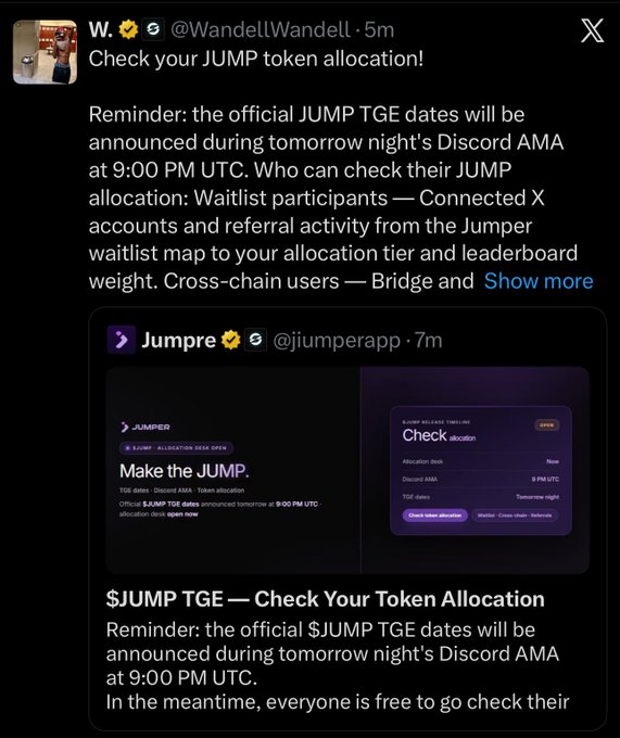 An X (Twitter) post by W. (@WandellWandell) about JUMP token allocation, quoting @jumperapp and mentioning a Discord AMA at 9:00 PM UTC for the $JUMP TGE.