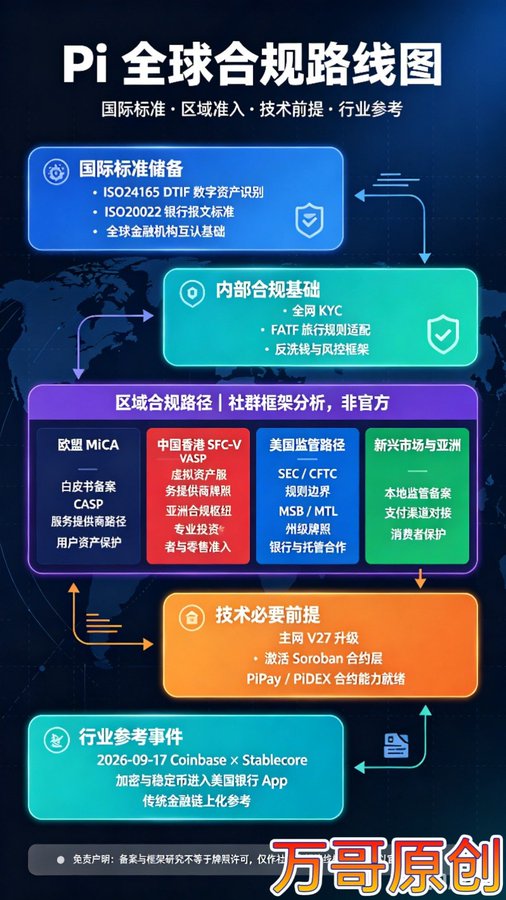 The image is an infographic titled "Pi 全球合规路线图" (Pi Global Compliance Roadmap), outlining Pi Network's regulatory pathway through international standards (ISO24165 DTIF, ISO20022), internal compliance (global KYC, FATF Travel Rule), regional frameworks (EU MiCA, Hong Kong SFC-VASP, US SEC/CFTC, emerging markets), technical prerequisites (V27 mainnet upgrade), and industry benchmarks citing Coinbase x Stablecore (2026-09-17).

The image visually supports the accompanying post by mapping Pi's compliance strategy—from ISO standards and KYC requirements through regional regulatory pathways—reinforcing the message that Pi requires significant technical upgrades (V27) and regulatory alignment to fulfill its potential as a non-ordinary cryptocurrency.