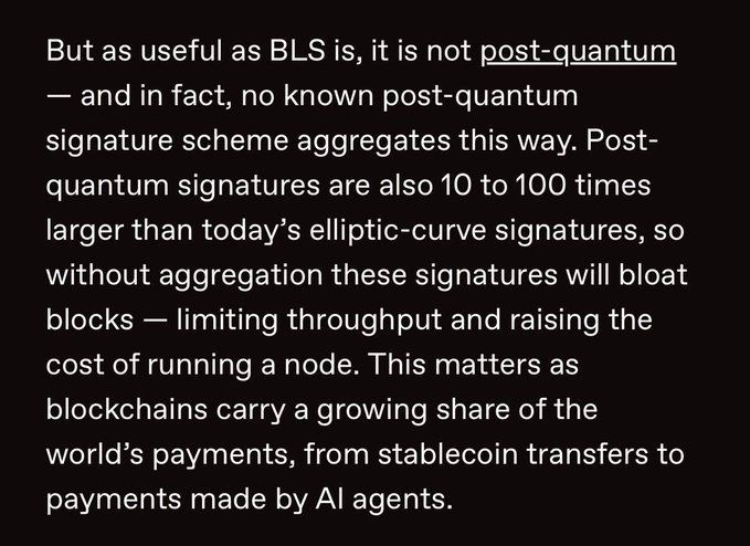 The image displays text explaining that BLS signatures, while useful, are not post-quantum, and that no known post-quantum signature scheme aggregates in the same way, with post-quantum signatures being 10 to 100 times larger than today's elliptic-curve signatures. This relates to the post's claim about lattice-based post-quantum cryptography by highlighting the signature size and efficiency challenges that make post-quantum aggregation difficult.