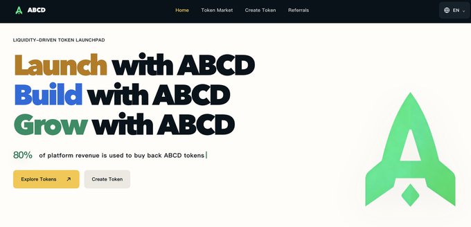 A website screenshot for 'ABCD' described as a 'LIQUIDITY-DRIVEN TOKEN LAUNCHPAD', featuring the headlines 'Launch with ABCD', 'Build with ABCD', and 'Grow with ABCD', noting that 80% of platform revenue is used to buy back ABCD tokens.