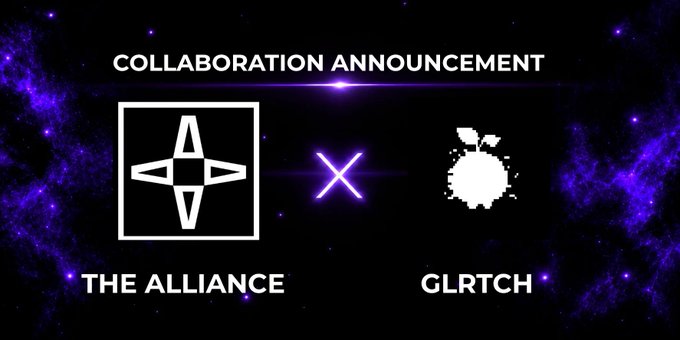 A collaboration announcement banner featuring 'THE ALLIANCE' logo on the left and 'GLRTCH' logo on the right, separated by an 'X' against a purple cosmic background.
